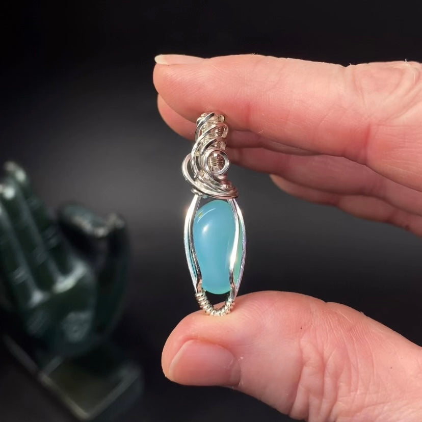 Peruvian Blue Andean Opal & Sterling Silver Wire Wrapped Pendant