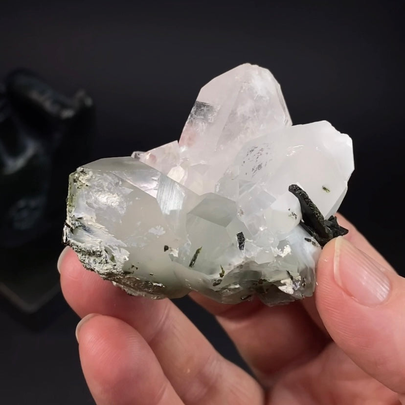 Quartz Crystal Cluster with Byssolite Inclusions & Dark Green Epidote