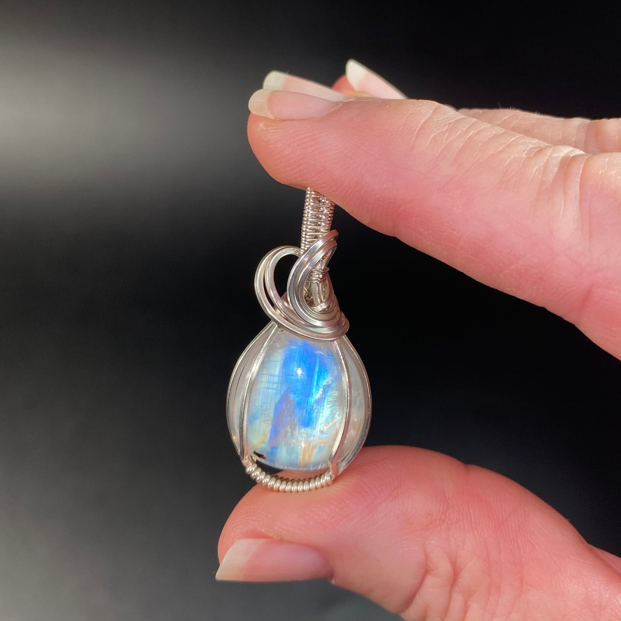 Blue Flash Moonstone & Tarnish Resistant Argentium Silver Handmade Wire Wrapped Pendant