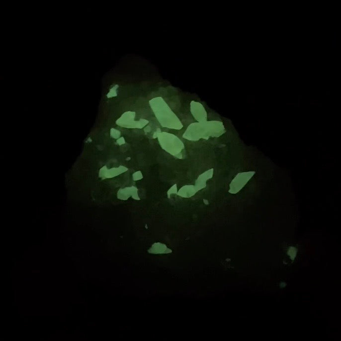 Phosphorescent Golden Honey Calcite Crystals on Druzy Quartz in Basalt Pocket