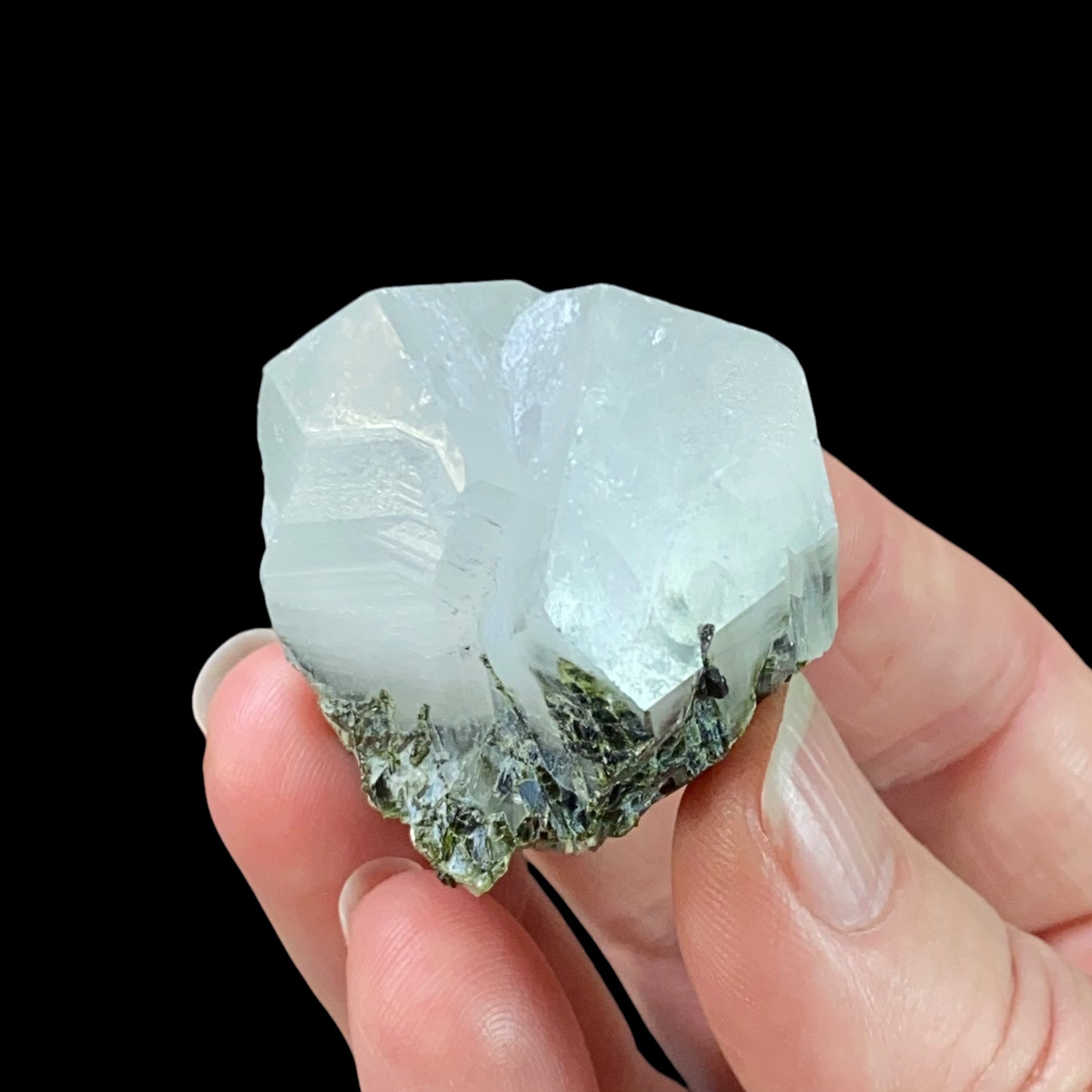 Twin Quartz Crystal Cluster with Dark Green Epidote Crystals & Byssolite