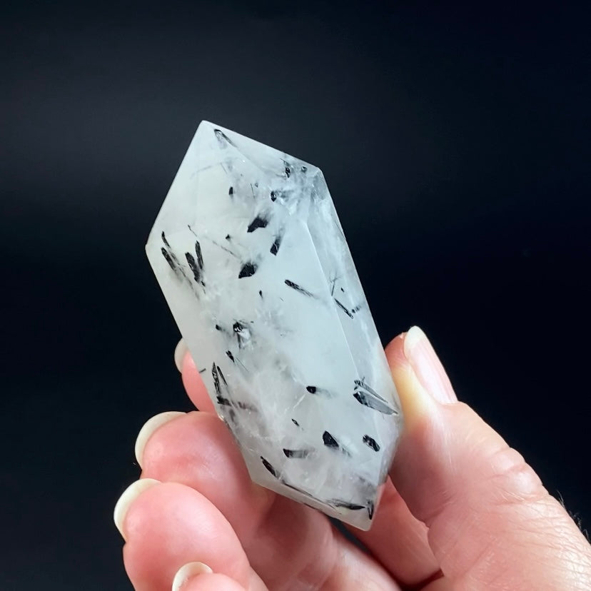 Clear Polished Double Terminated Quartz Crystal with Black Tourmaline Inclusions