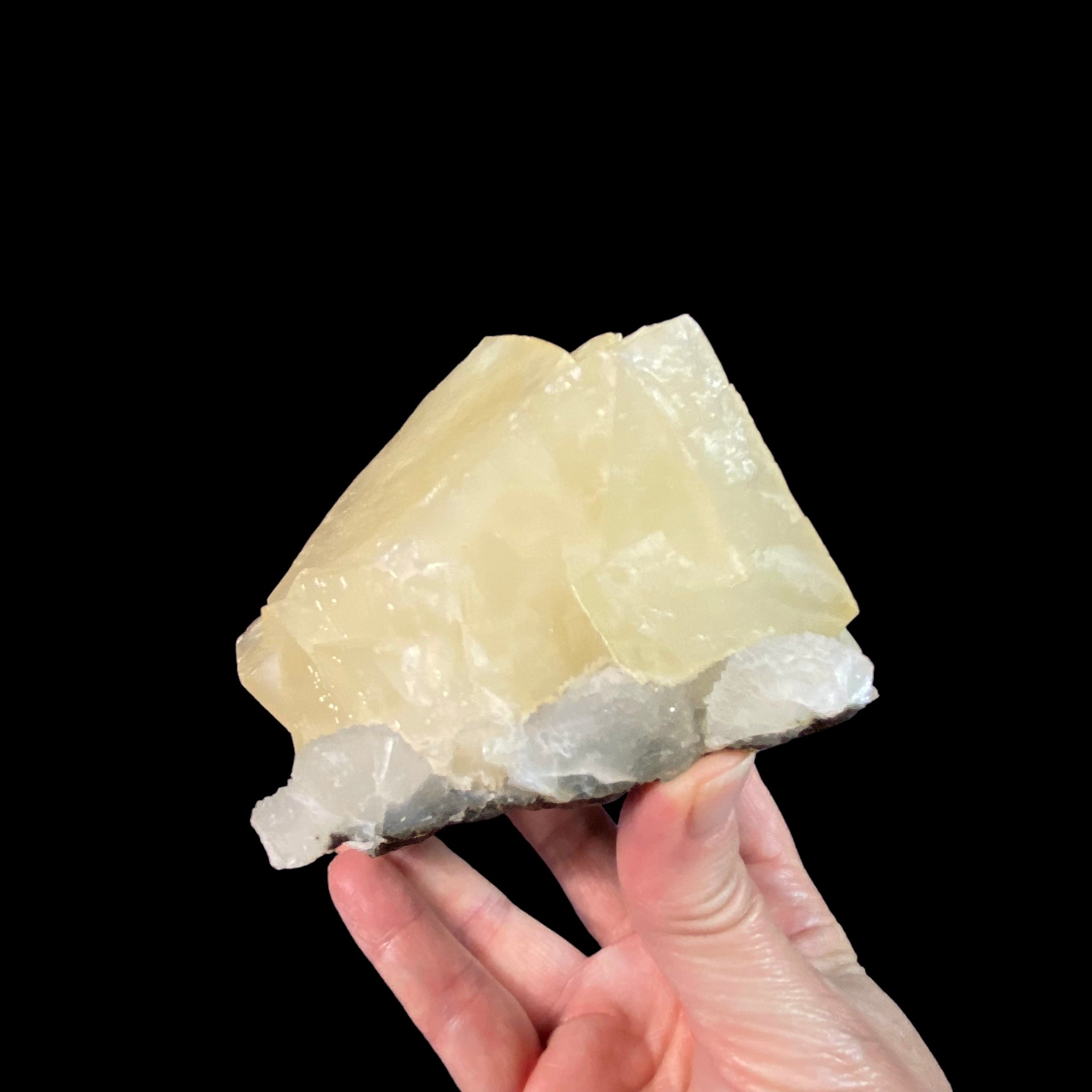 Yellow Rhombic Calcite Cluster with Chalcedony on Basalt Matrix Remnant