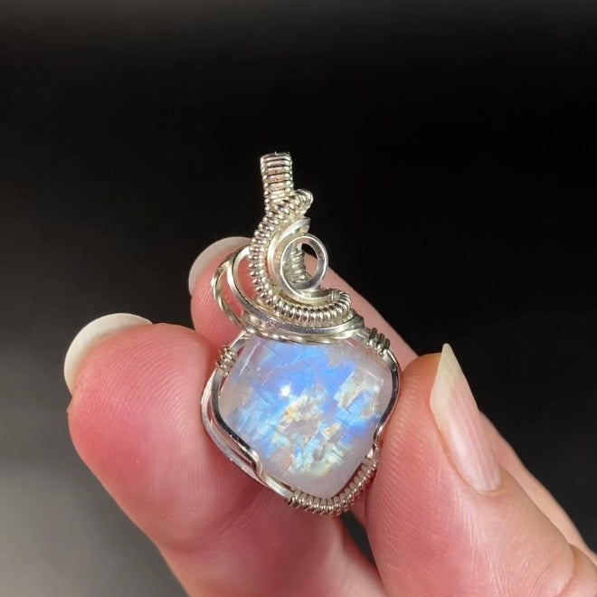 Blue Rainbow Flash Moonstone & Sterling Silver Wire Wrapped Pendant
