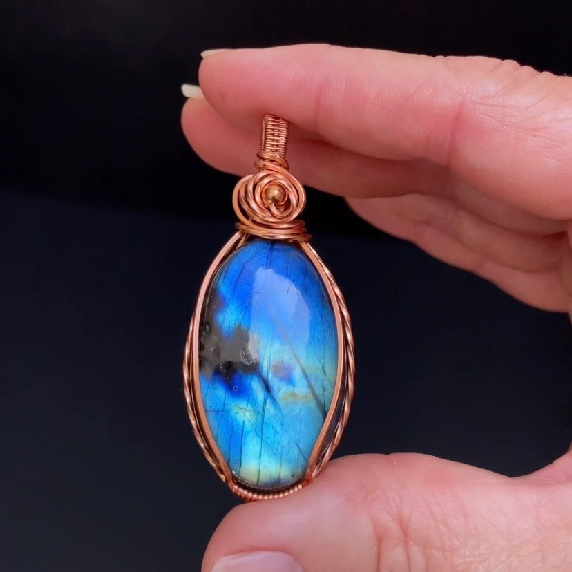 Blue Flash Labradorite & Raw Copper Wire Wrapped Pendant