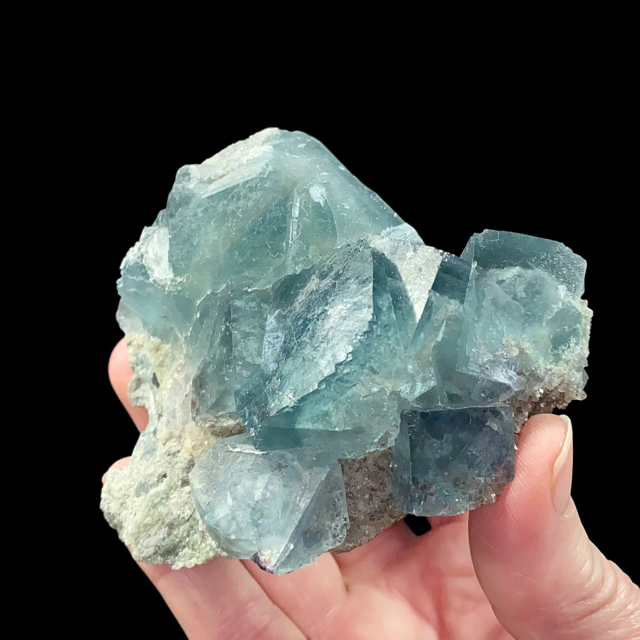 Teal Green Cubic Fluorite Cluster with Calcite & Druze Quartz