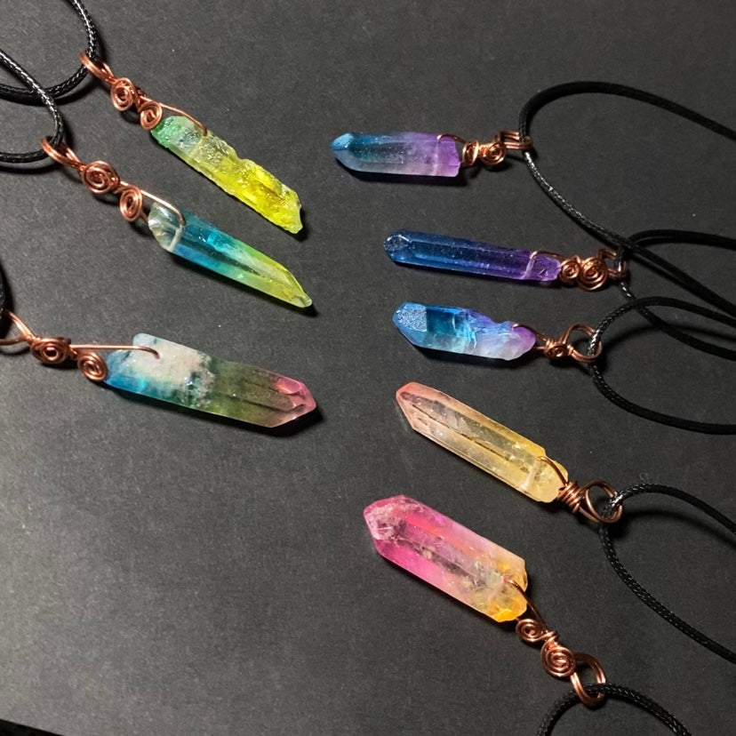 Raw Aura Quartz Crystal & Copper Simple Wire Wrapped Pendant