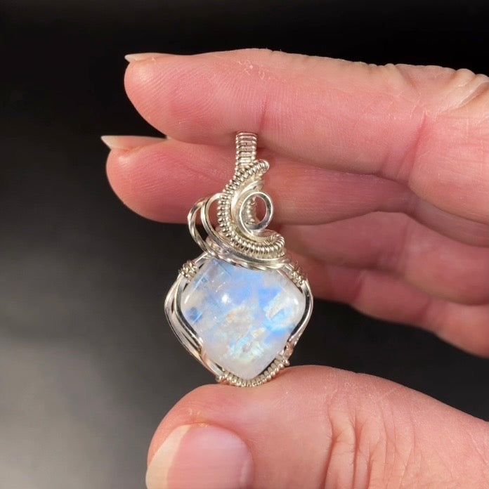 Blue Rainbow Flash Moonstone & Sterling Silver Wire Wrapped Pendant