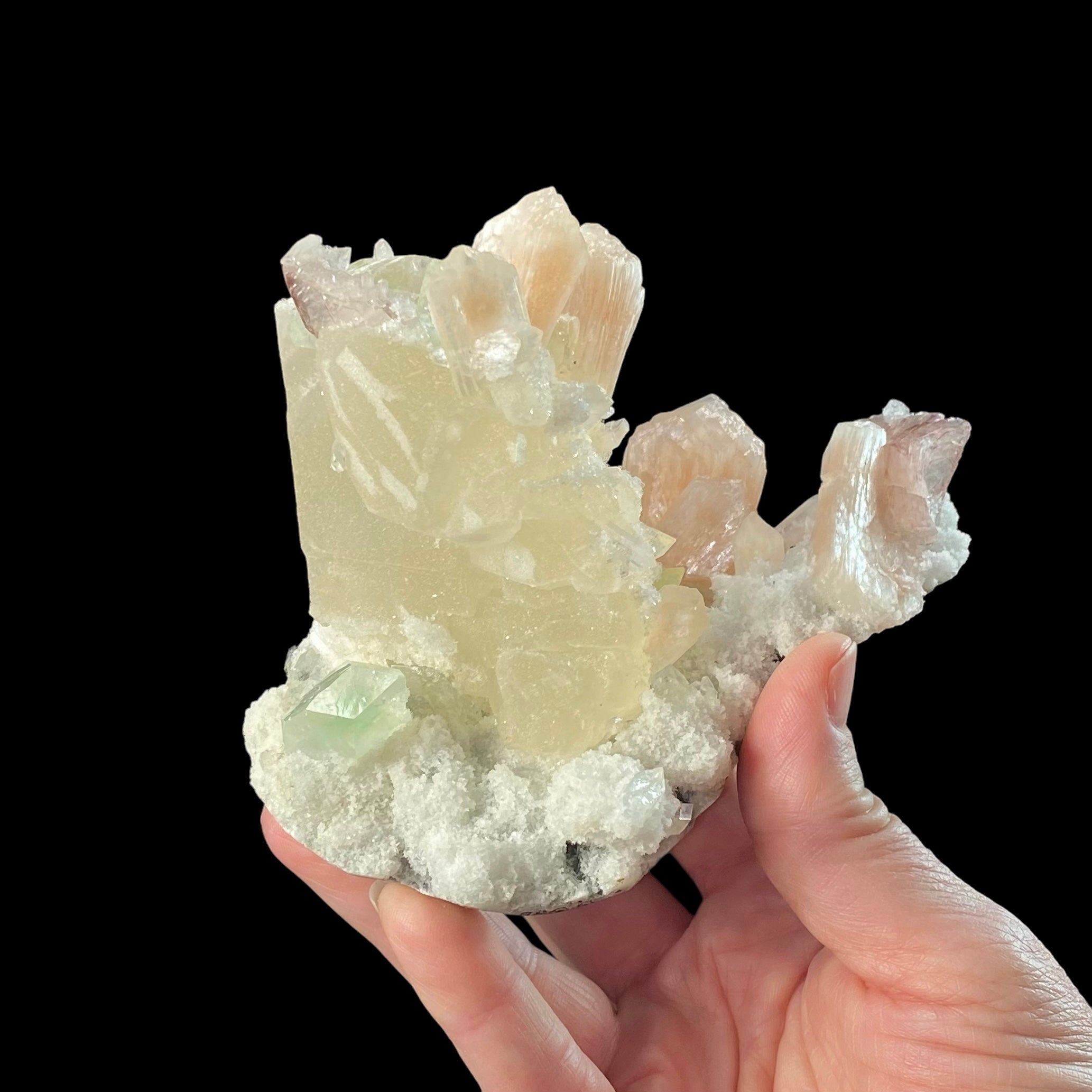 Pale Yellow Rhombic Calcite with Stilbite, Heulandite, Green Apophyllite & Chalcedony on Basalt Matrix Remnant