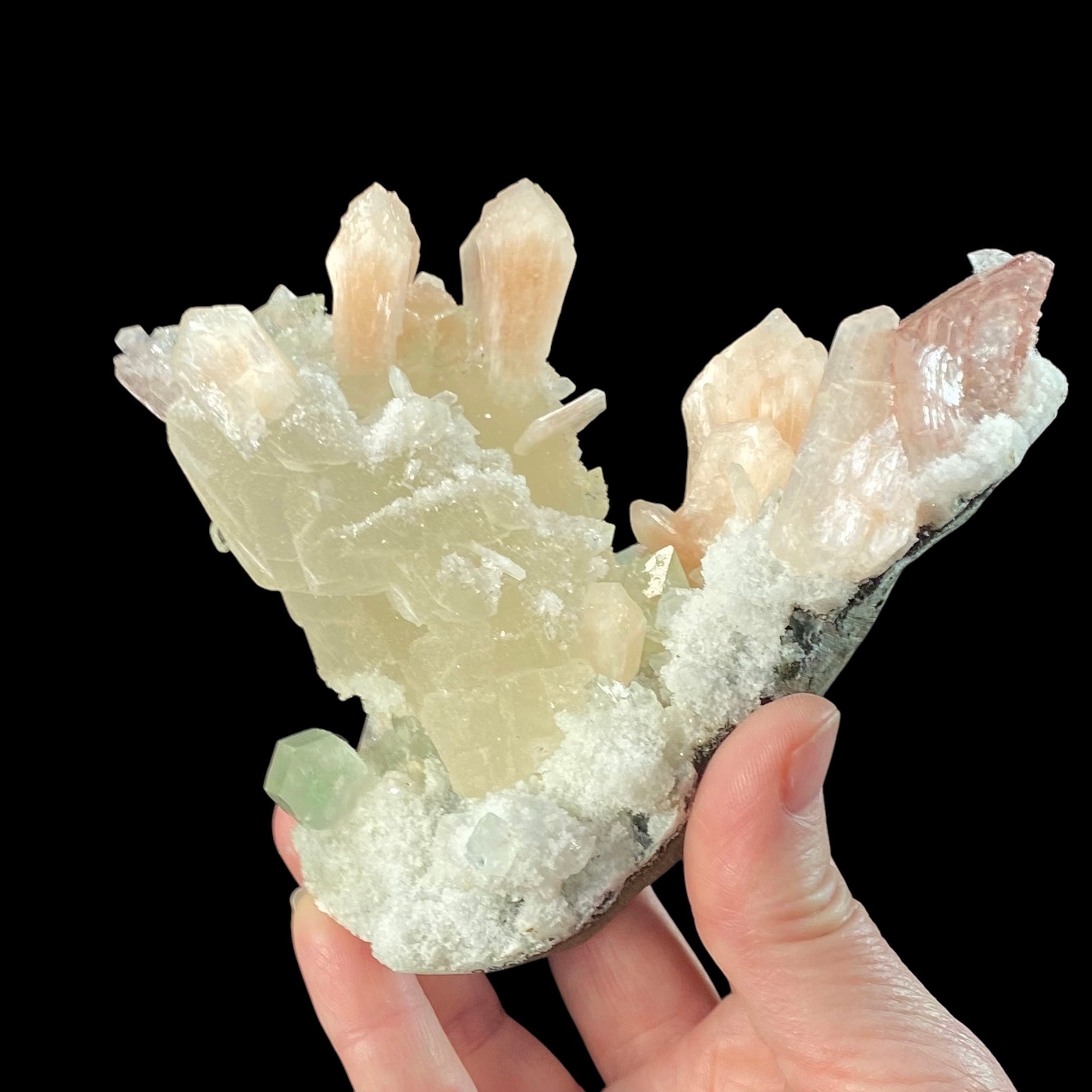 Pale Yellow Rhombic Calcite with Stilbite, Heulandite, Green Apophyllite & Chalcedony on Basalt Matrix Remnant