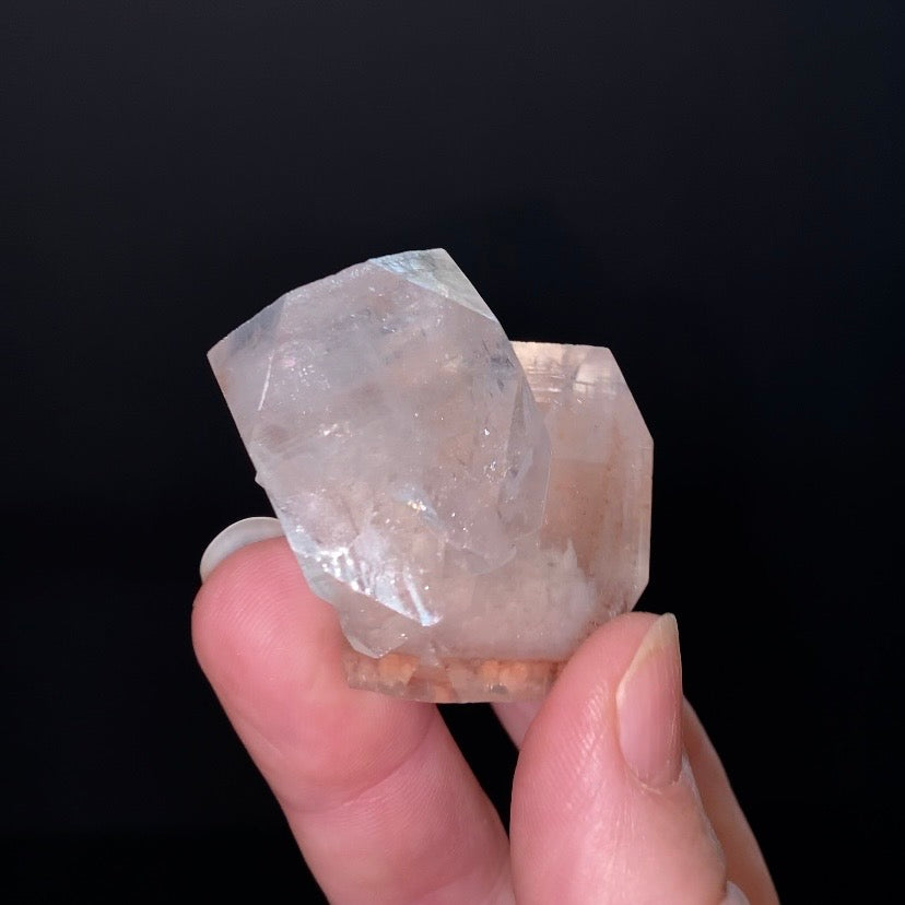 Clear Pseudo Cubic Apophyllite Crystal Cluster with Red Hematite Inclusions
