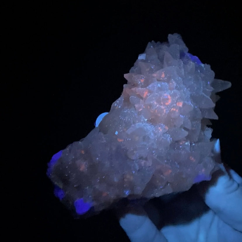 Dog Tooth Calcite on Blue Purple Fluorite Matrix, UV Reactive, Fluorescent