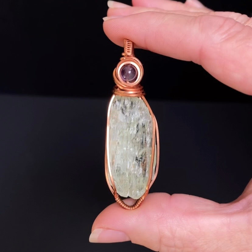 Yellow Spodumene Triphane & Copper Wire Wrapped Pendant with Amethyst - Yellow Kunzite