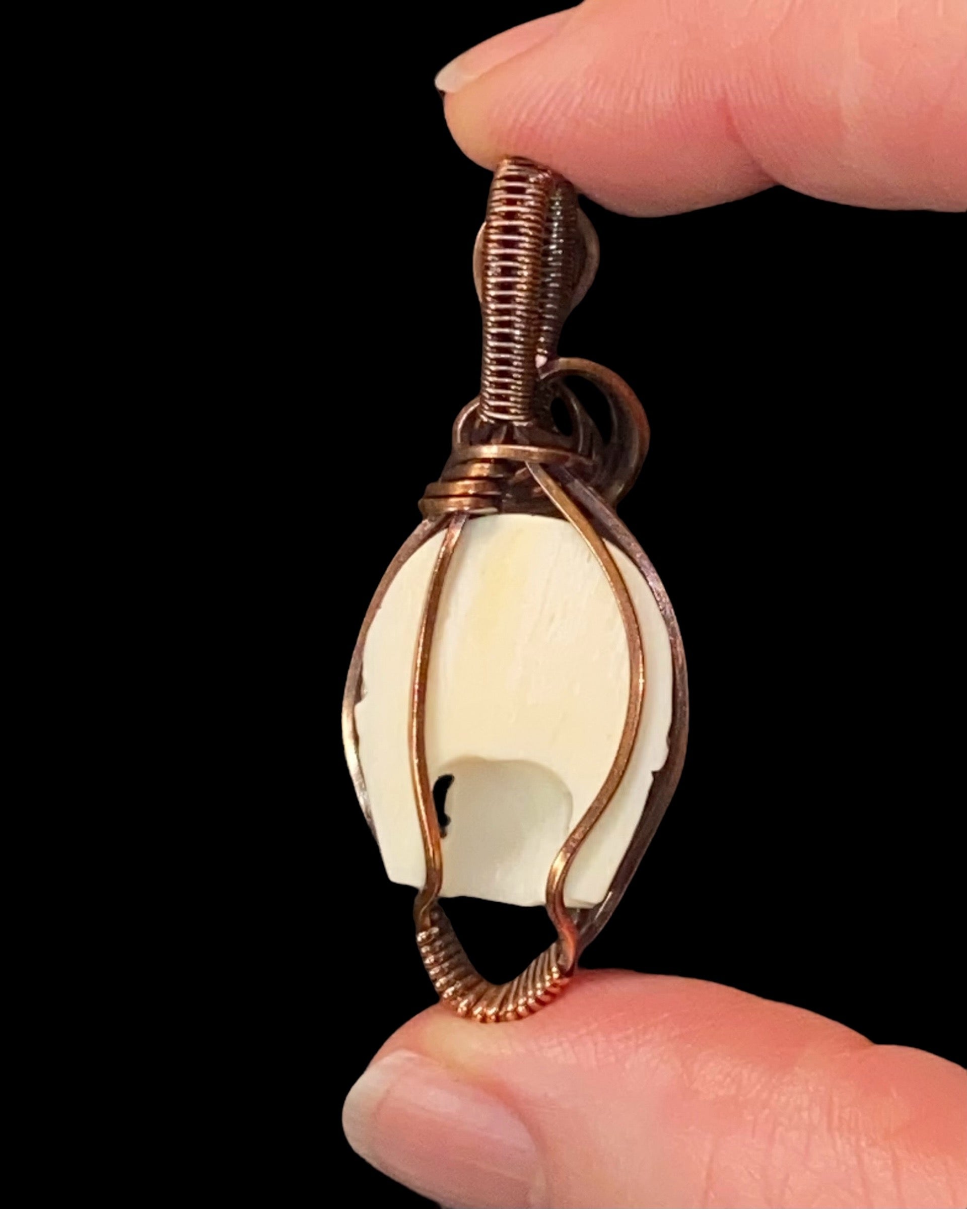 Carved Bone Skull and Copper Handmade Wire Wrapped Pendant