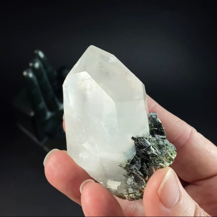 Double Terminated Byssolite Included Quartz Crystal with Dark Green Epidote