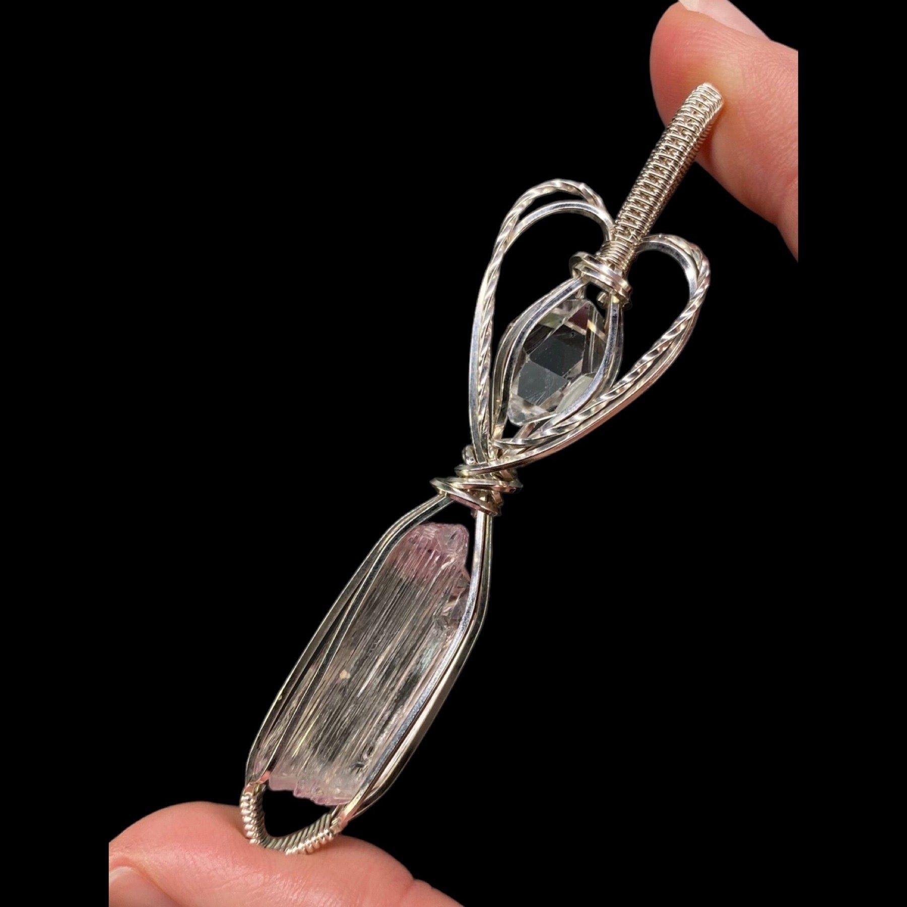 Fluorescent Spodumene Kunzite with Herkimer Diamond Quartz & Sterling Silver Wire Wrapped Pendant