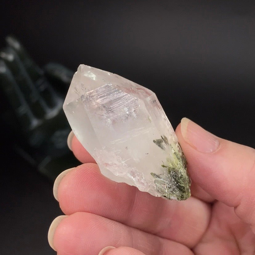 Grounding Quartz Crystal with Epidote Crystals & White Byssolite Whisps - Natural Crystals