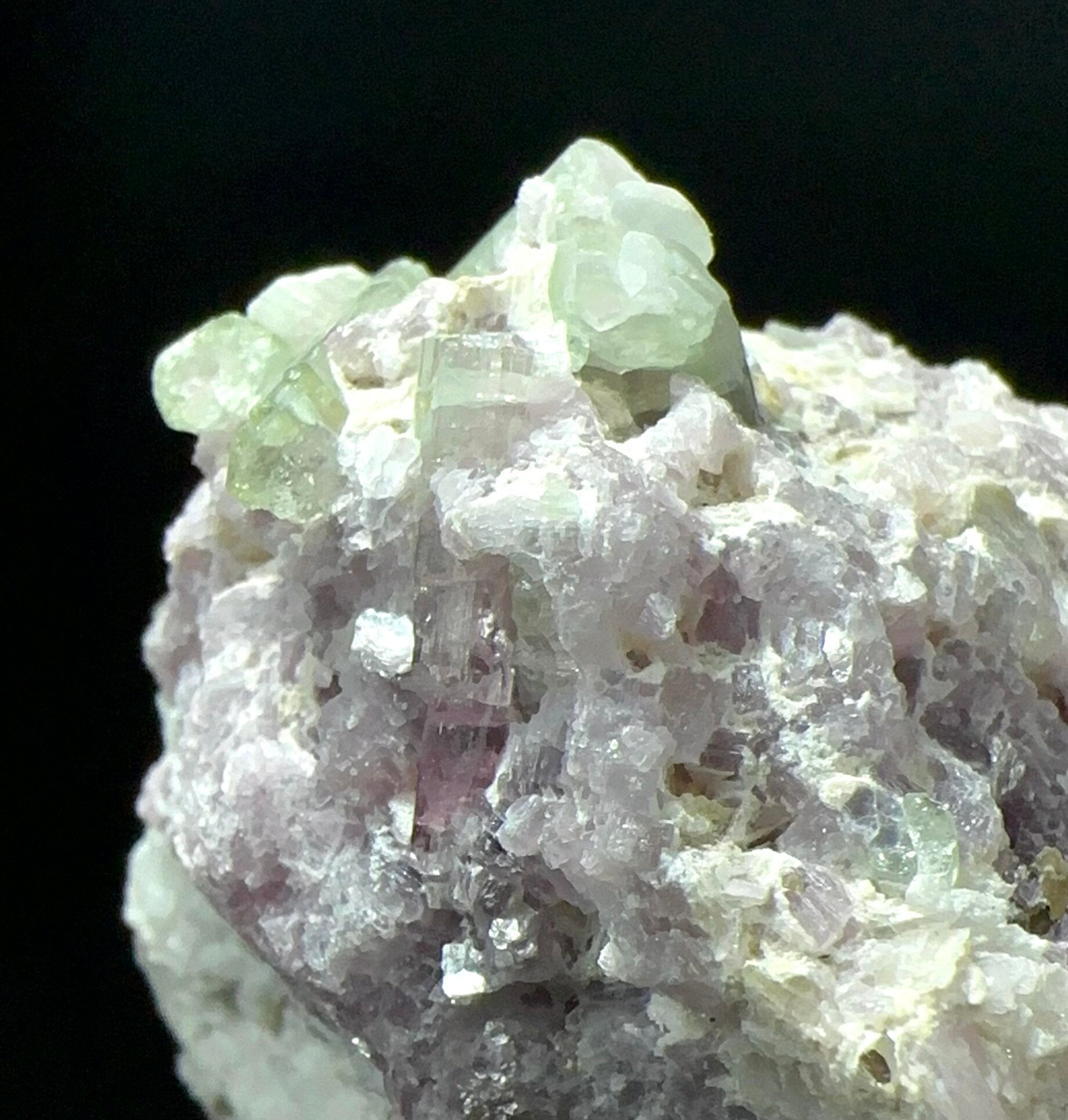 Pale Green & Pink Watermelon Tourmaline Crystals with Lepidolite & Cleavelandite