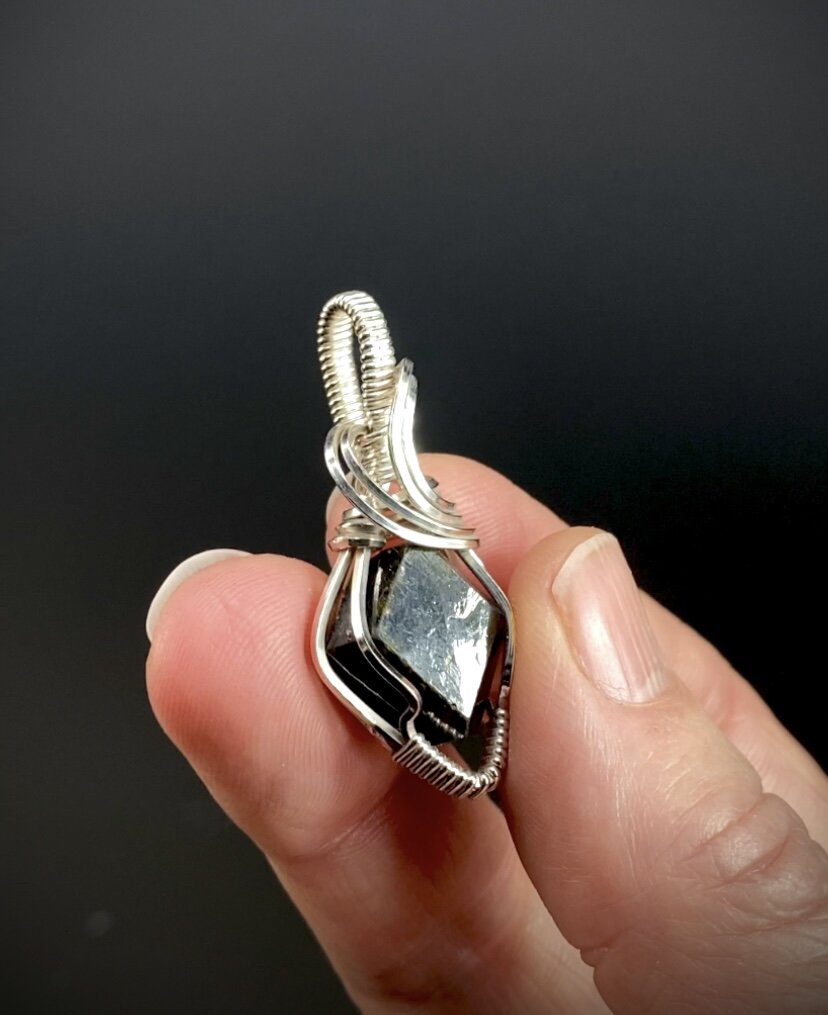 Natural Andradite Garnet & Tarnish Resistant Argentium Silver Wire Wrapped Pendant