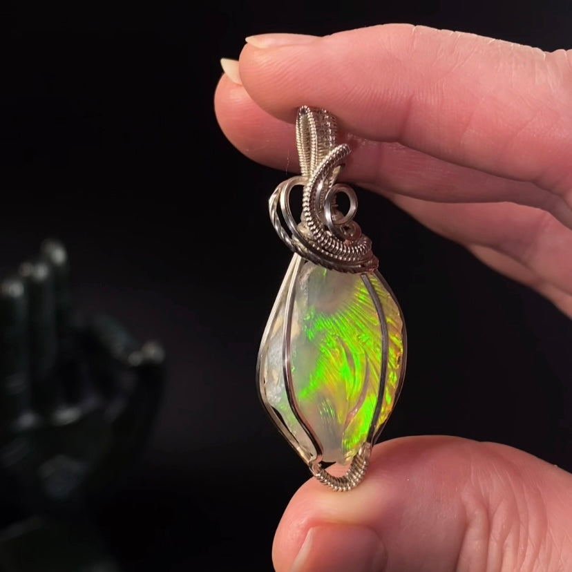 Ethiopian Welo Opal & Sterling Silver Wire Wrapped Pendant