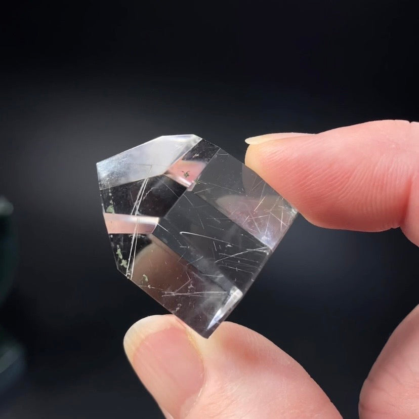 Polished Clear Quartz Crystal with Silver Rutile from Minas Gerais, Brazil