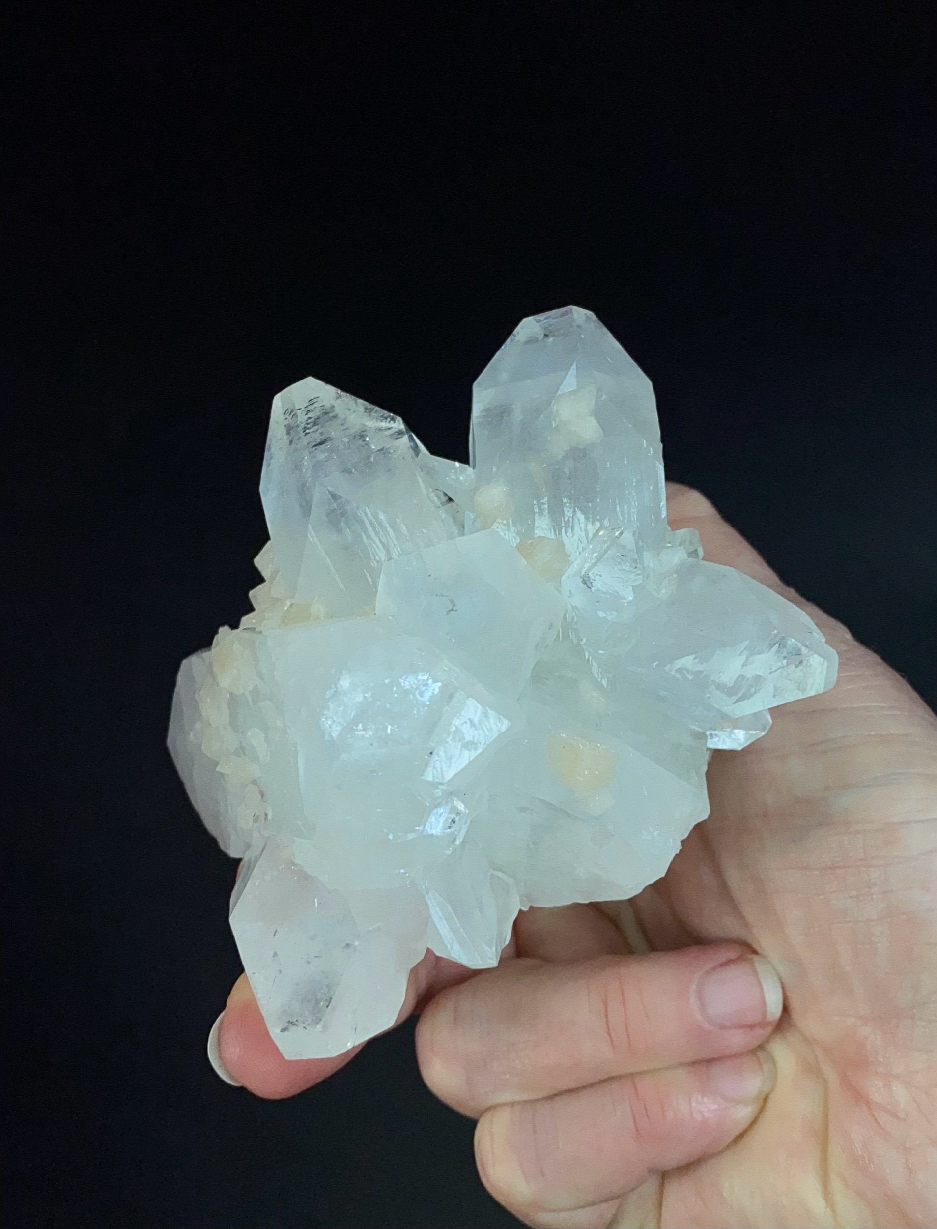 Clear Apophyllite Crystal Cluster with Stilbite & Fluorescent Inclusions, from Jalgaon, Maharashtra, India