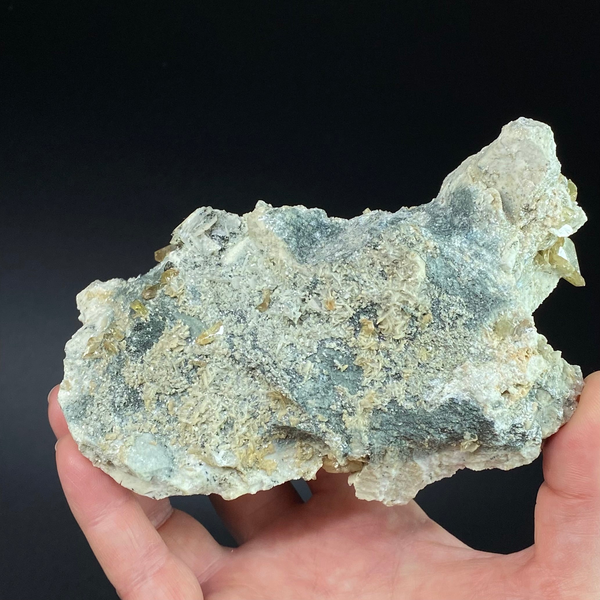 Yellow Colored Titanite Crystals on Albite and Colusite Matrix