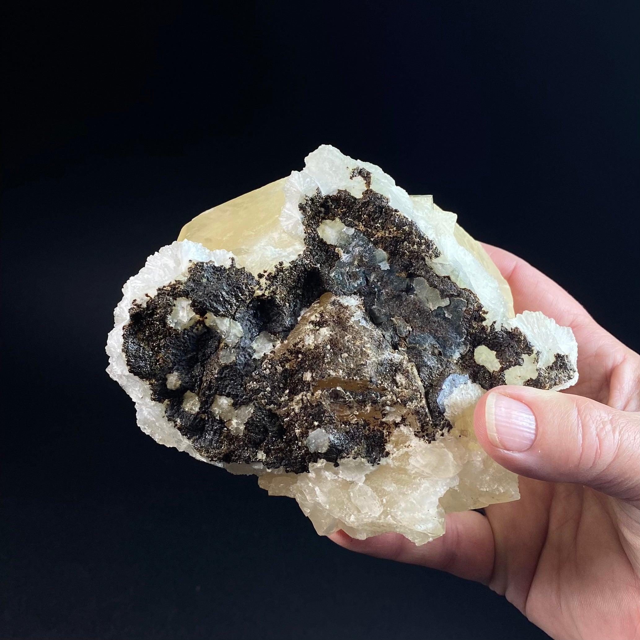 Yellow Rhombic Calcite Cluster with Chalcedony on Basalt Matrix Remnant