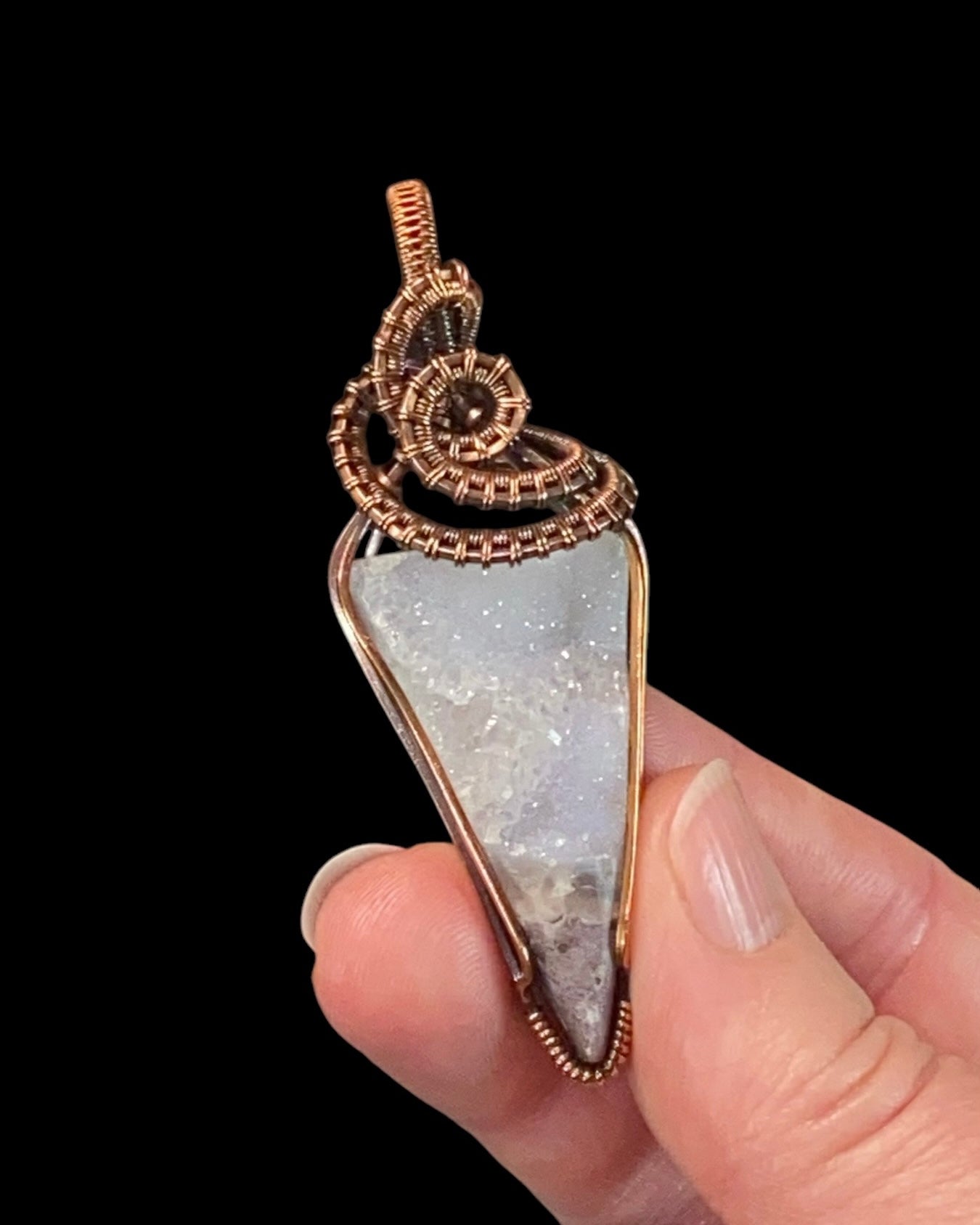 Druzy Garden Quartz Cabochon and Copper Wire Wrapped Pendant