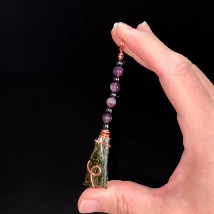Amethyst, Hematite & Epidote Wire Wrapped Witches Broom Pendant - Ornament for Halloween