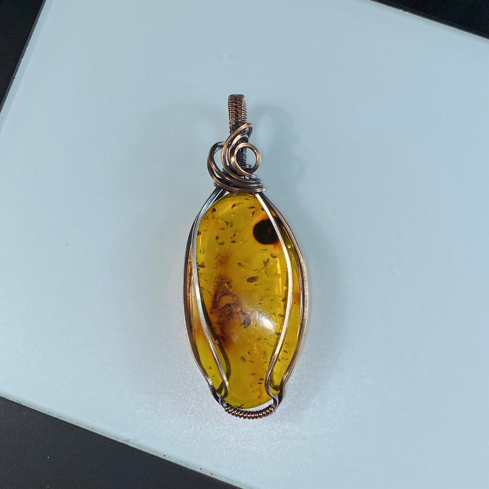 Amber and Copper Wire Wrapped Pendant
