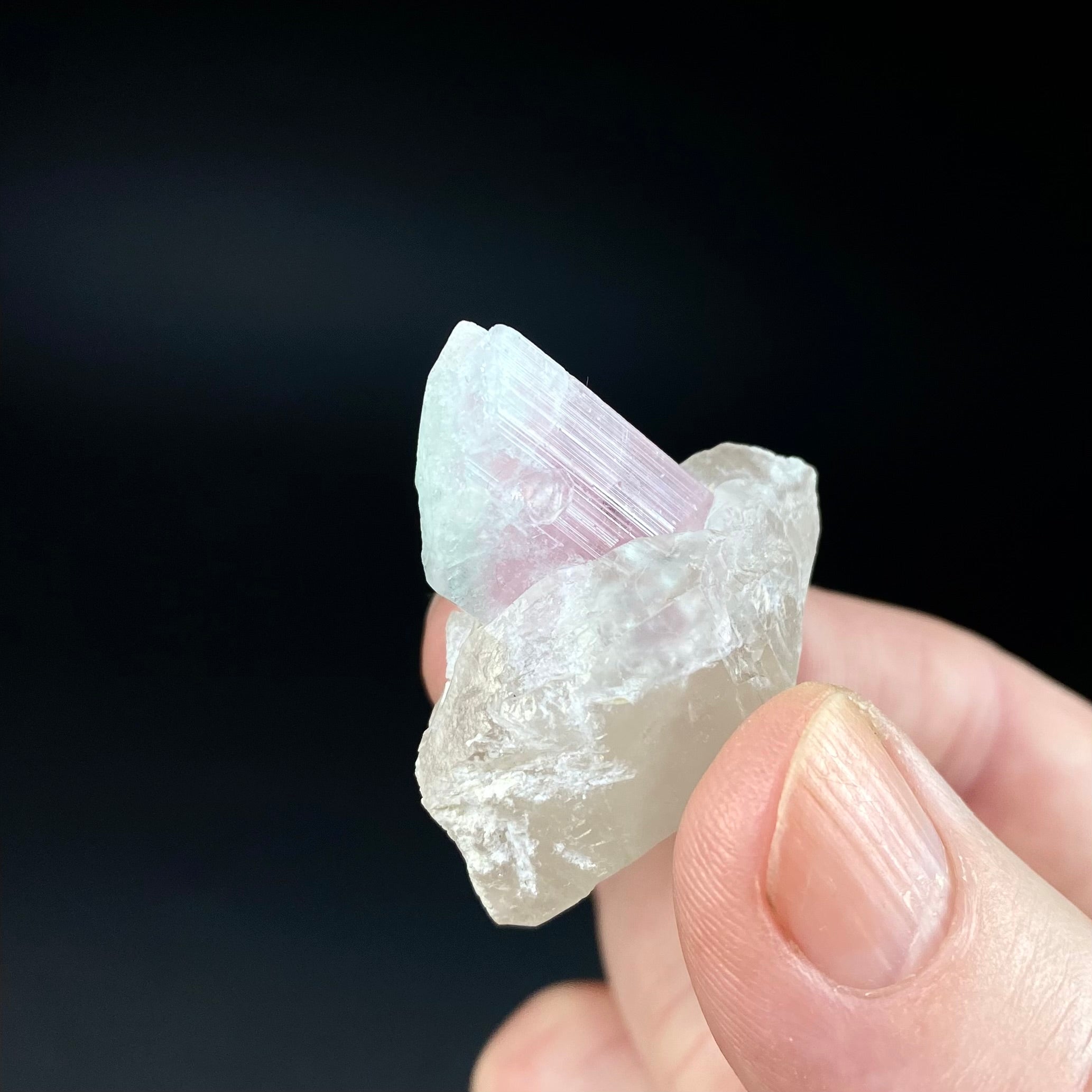 Bicolor Pink & Green Tourmaline on a Light Smoky Quartz Crystal