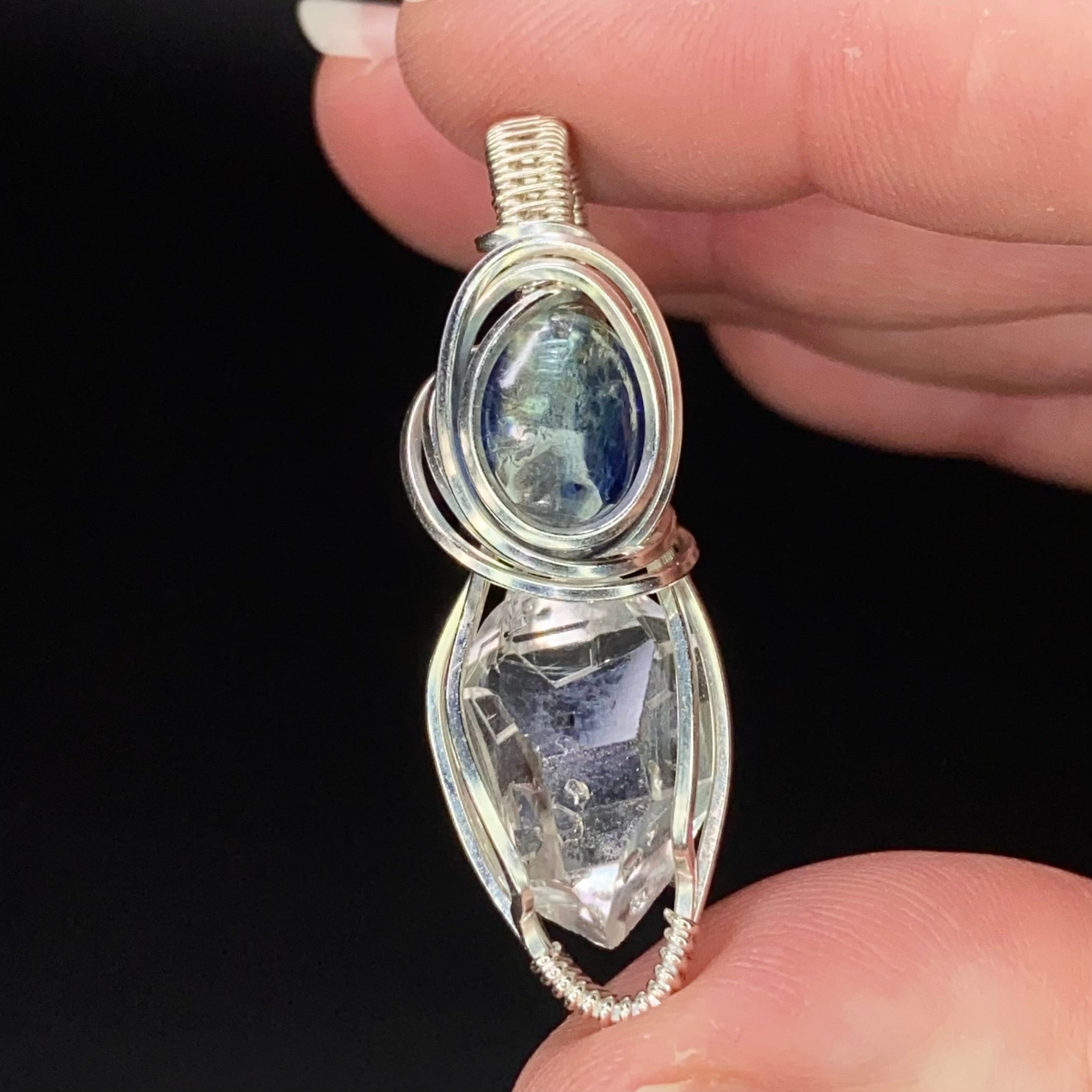 Herkimer Diamond Quartz, Blue Kyanite & Sterling Silver Handmade Wire Wrapped Pendant