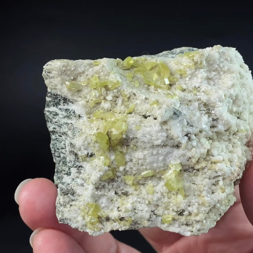 Yellow Colored Titanite Crystals on Albite and Colusite Matrix