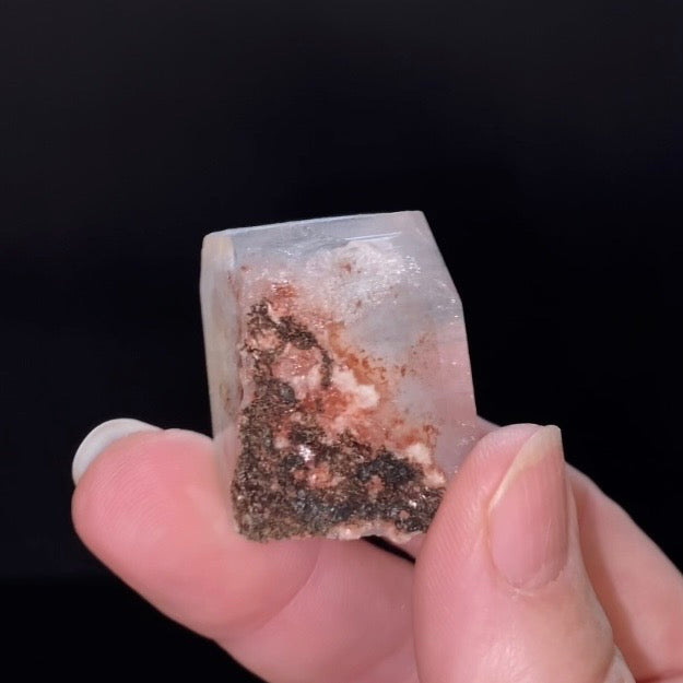 Clear Pseudo Cubic Apophyllite Crystal with Red Hematite Inclusions