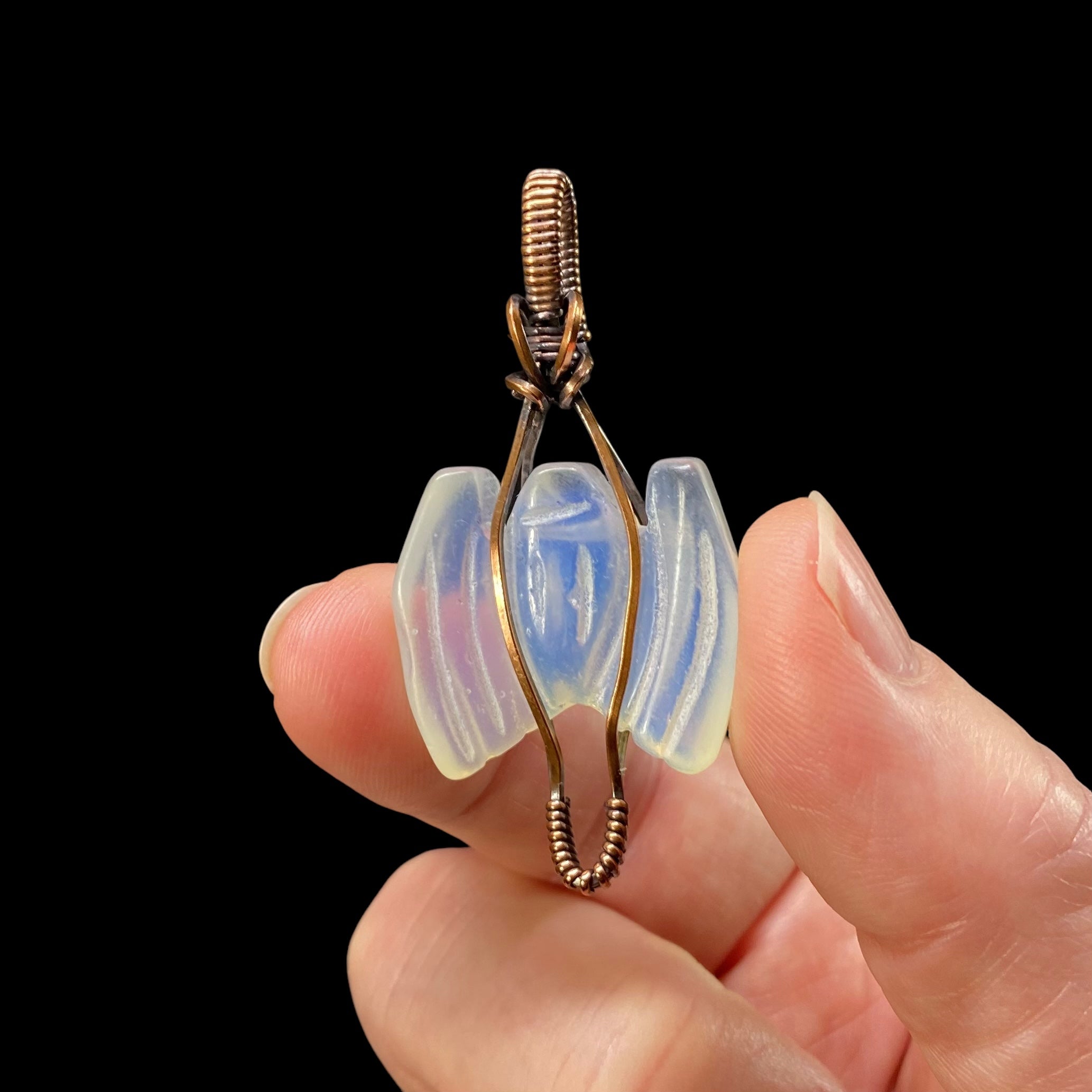 Opalite Carved Bat and Copper Wire Wrapped Pendant