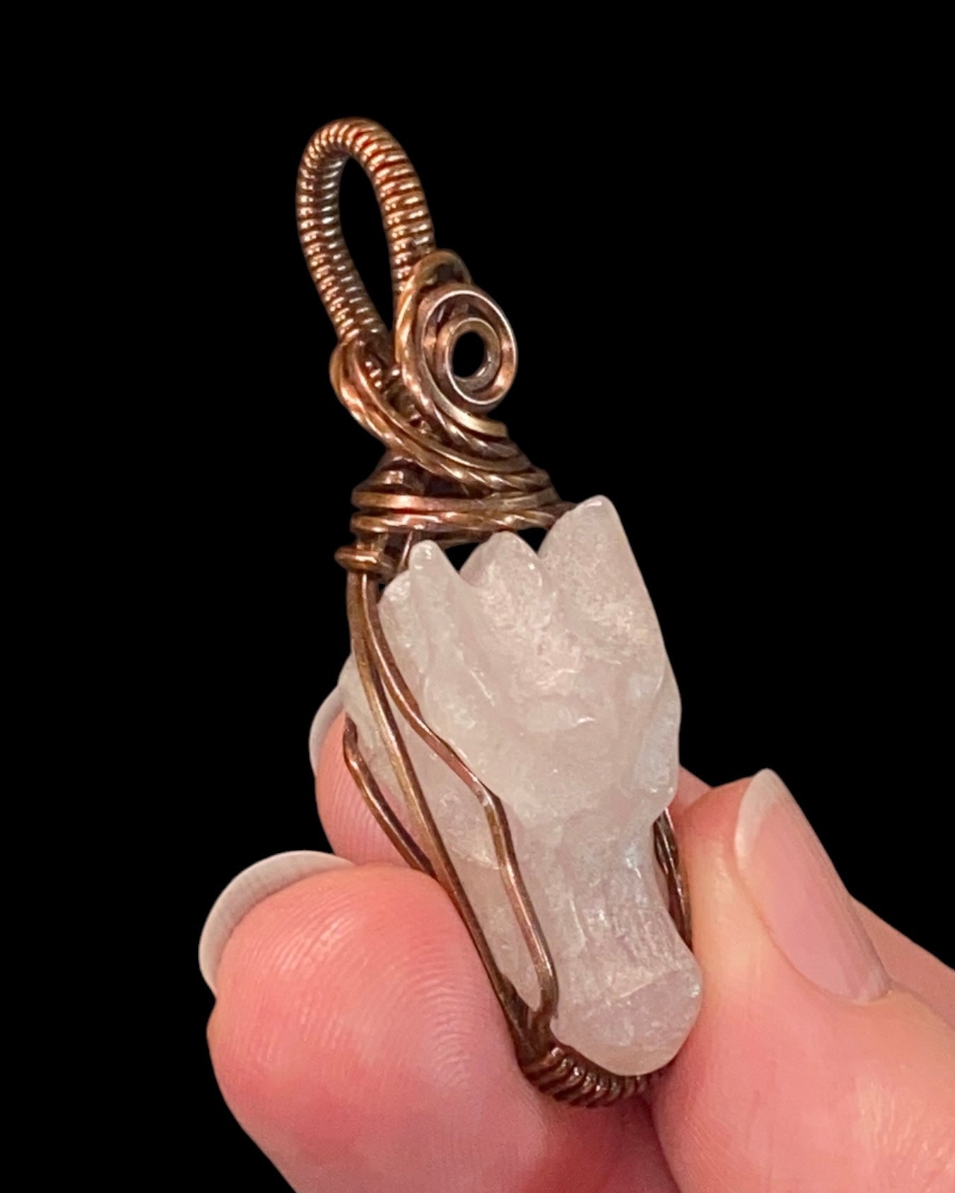 Rose Quartz Dragon and Copper Wire Wrapped Pendant