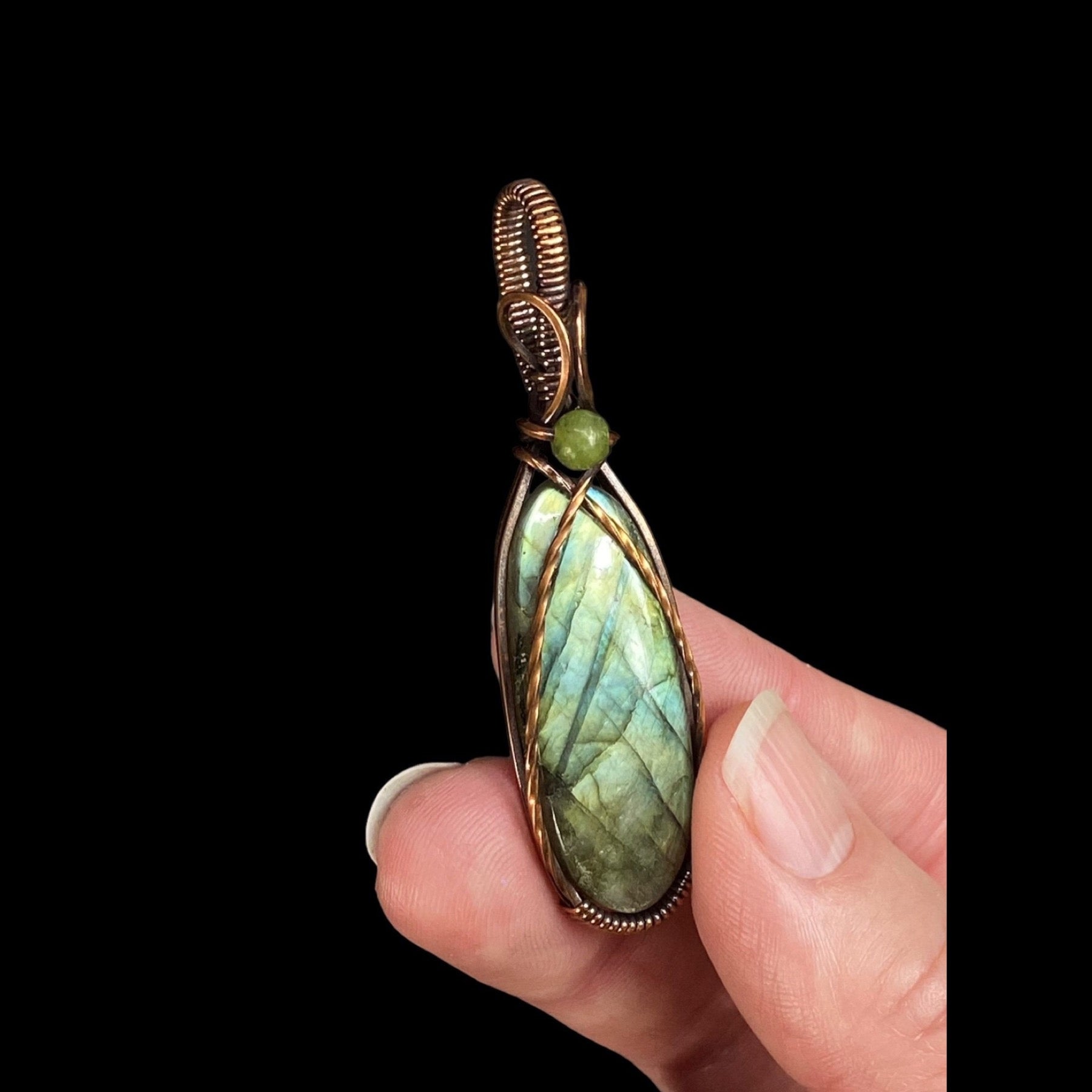 Labradorite & Copper Wire Wrapped Pendant with Nephrite Jade Accent Bead