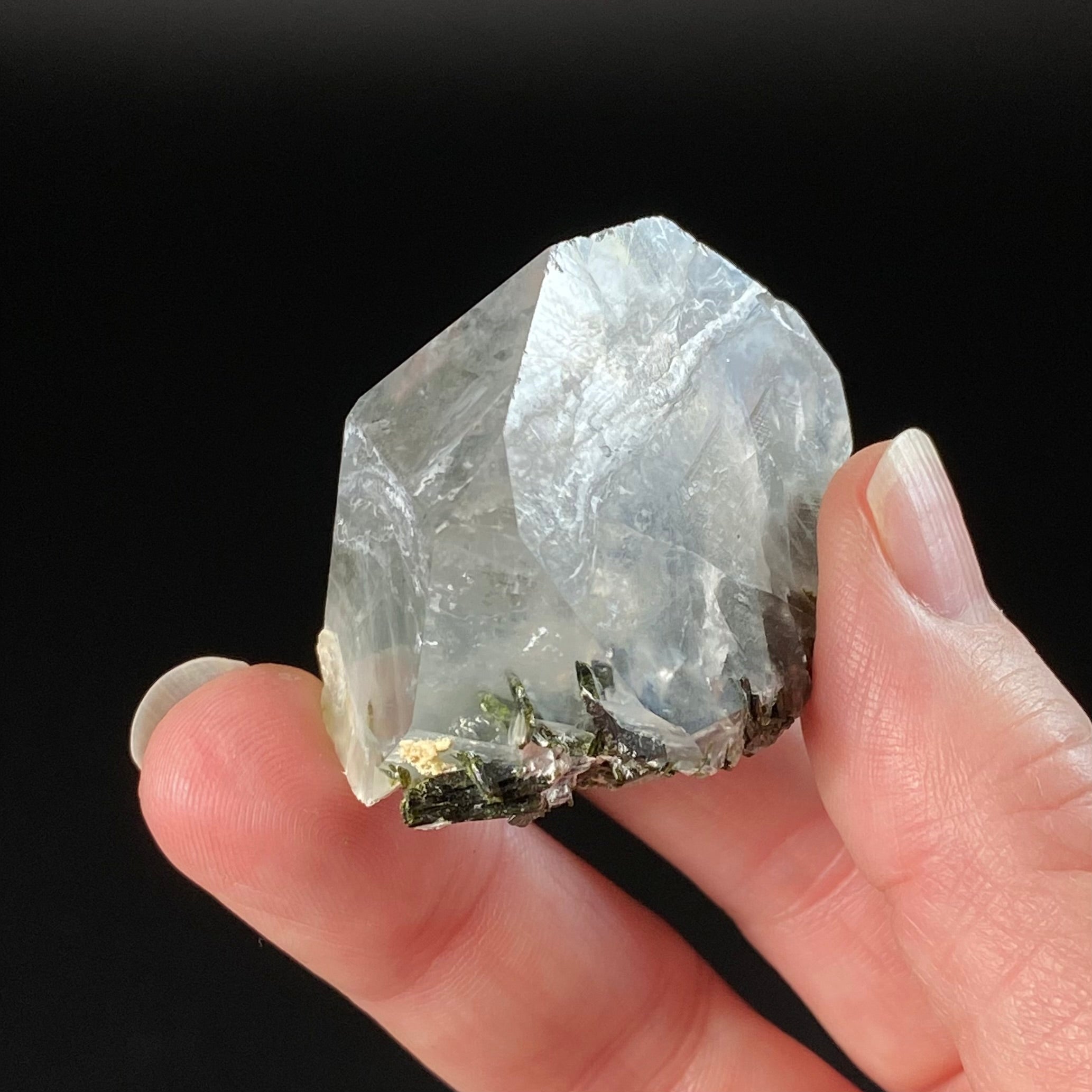 Clear Quartz Crystal with Dark Green Epidote Crystals