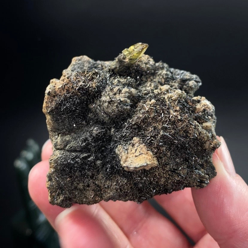 Yellow Green Titanite Sphene Crystal with Rutile on Matrix