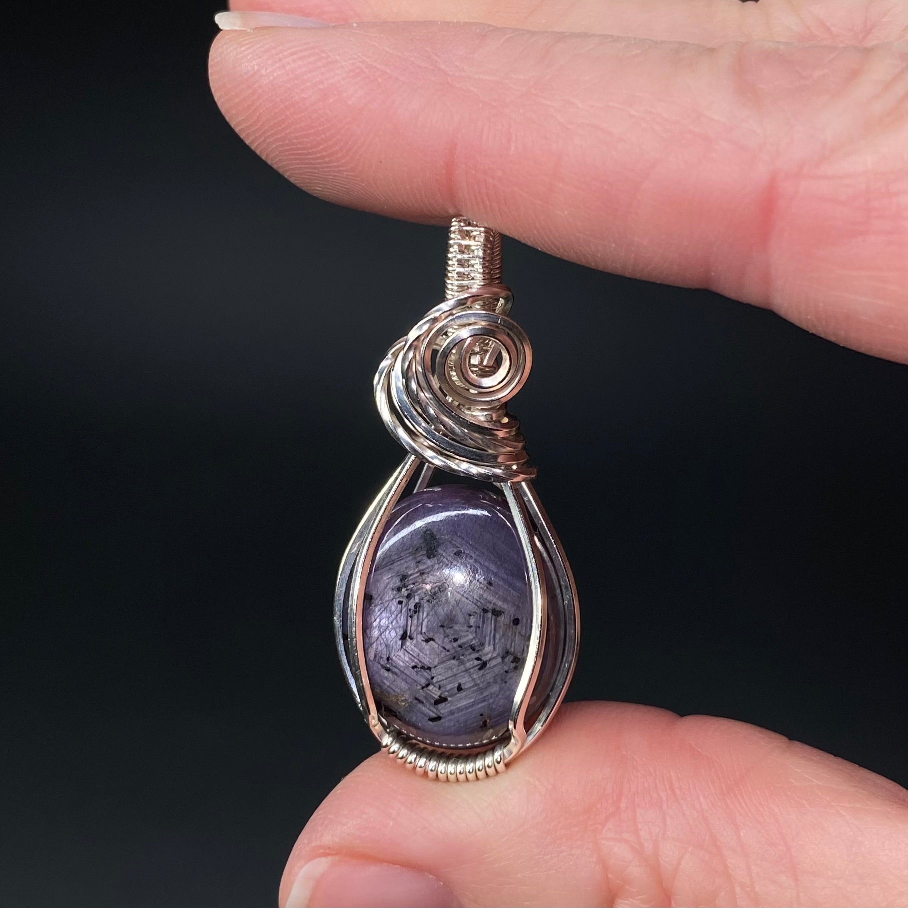Tumbled Purple Sapphire Crystal & Sterling Silver Wire Wrapped Pendant