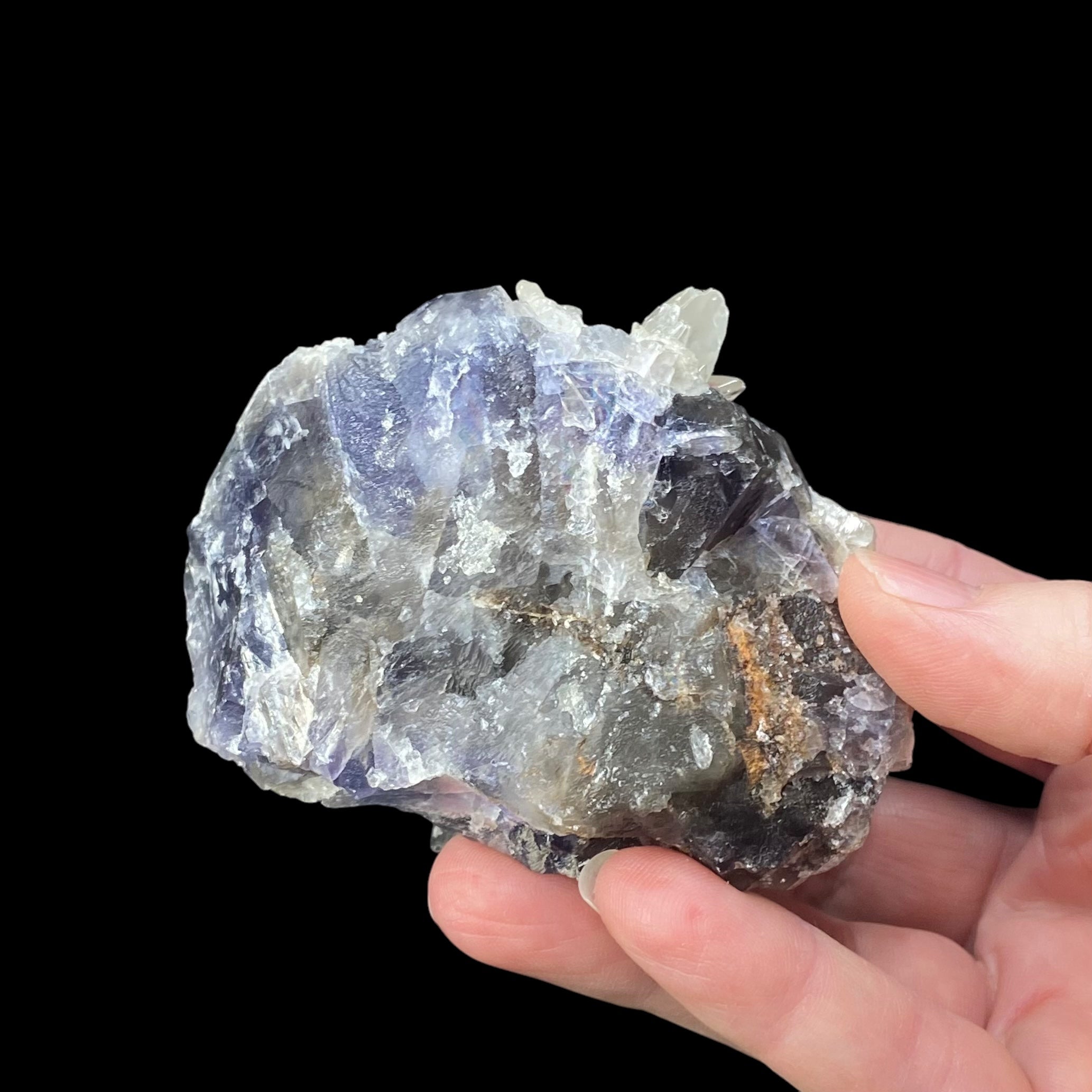 Dog Tooth Calcite on Blue Purple Fluorite Matrix, UV Reactive, Fluorescent