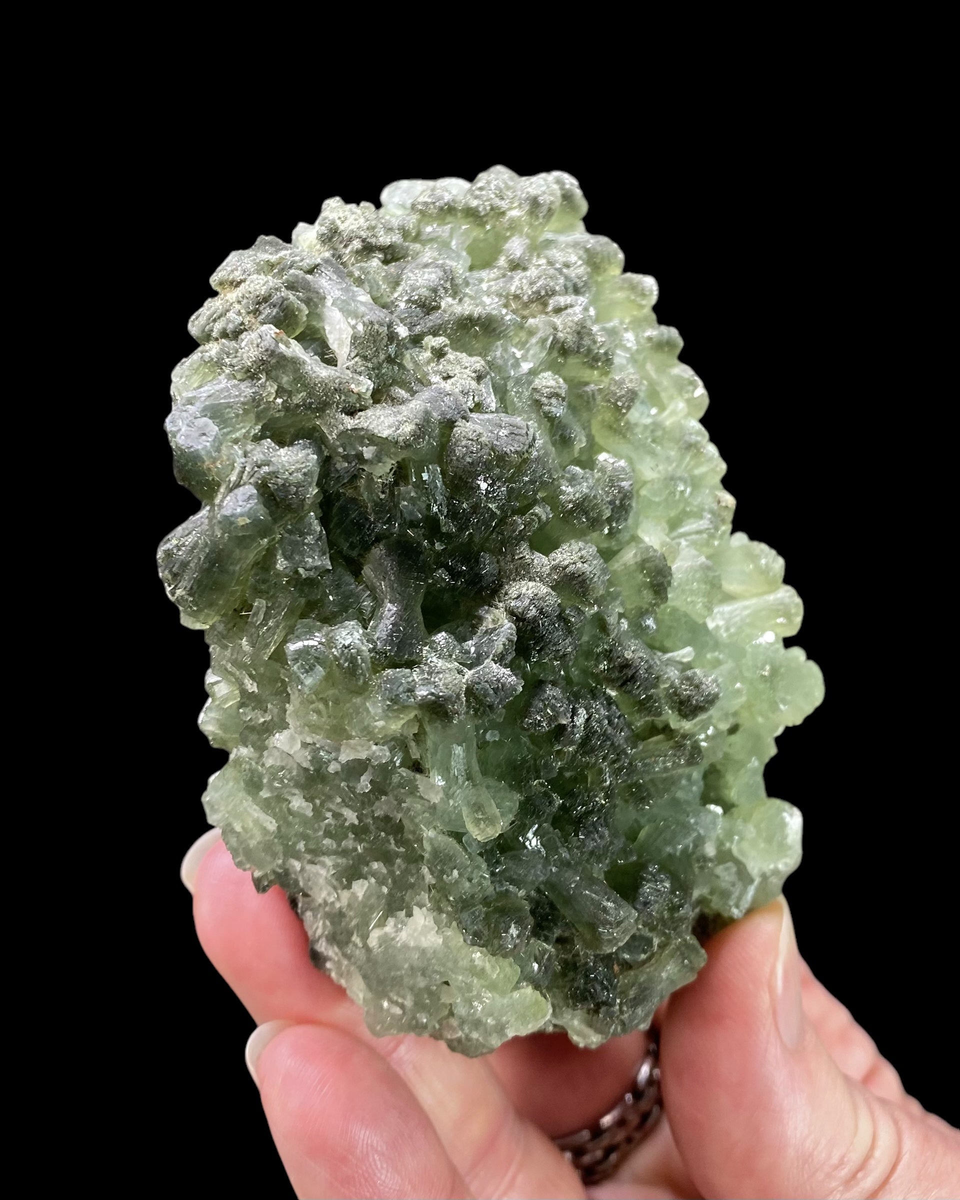 Deep Green Prehnite Cluster with Fine Needle Crystals