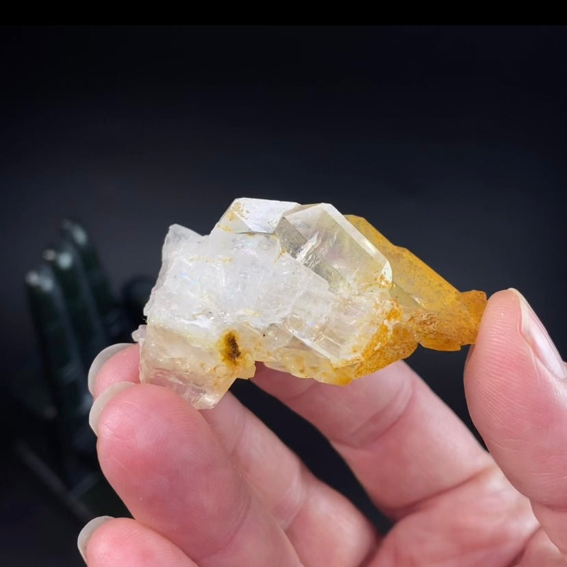 Clear Faden Quartz Crystal Cluster With Natural Golden Yellow Iron Oxide Coated Surface