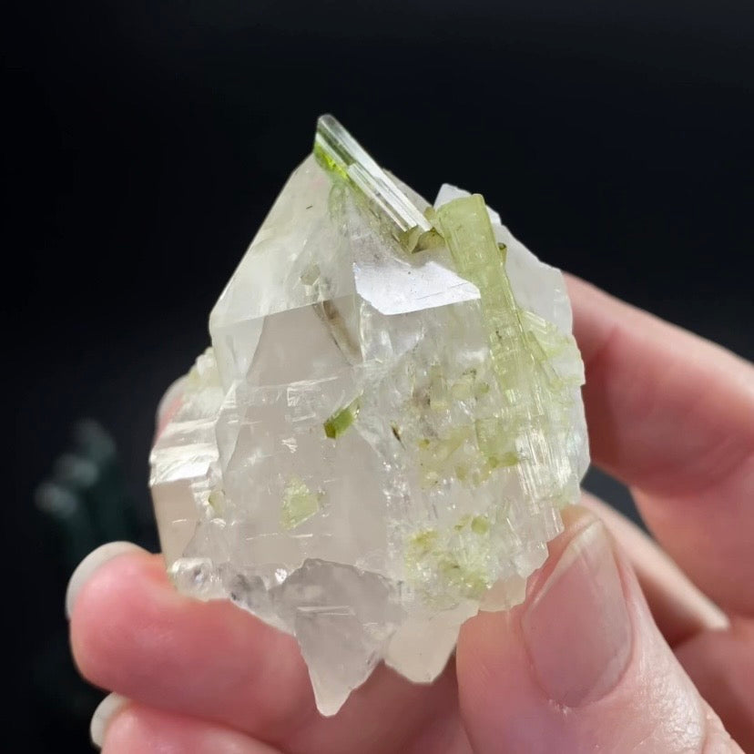 Bicolor Green Tourmaline Crystals on Clear Quartz Crystal