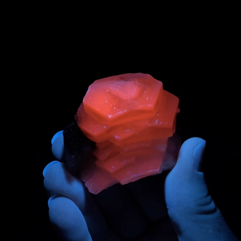 Fluorescent Hexagonal Sandwich Calcite Crystals with Hedenbergite on Matrix