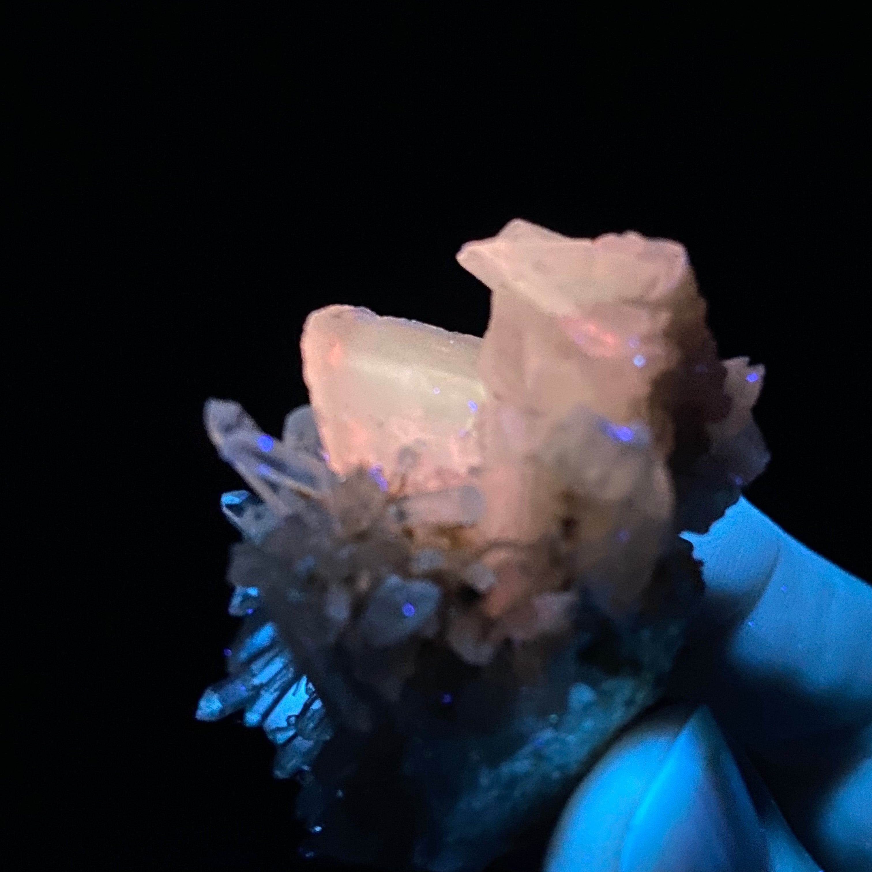 Fluorescent Calcite Cluster with Quartz from Trepça Mines, Kosovo