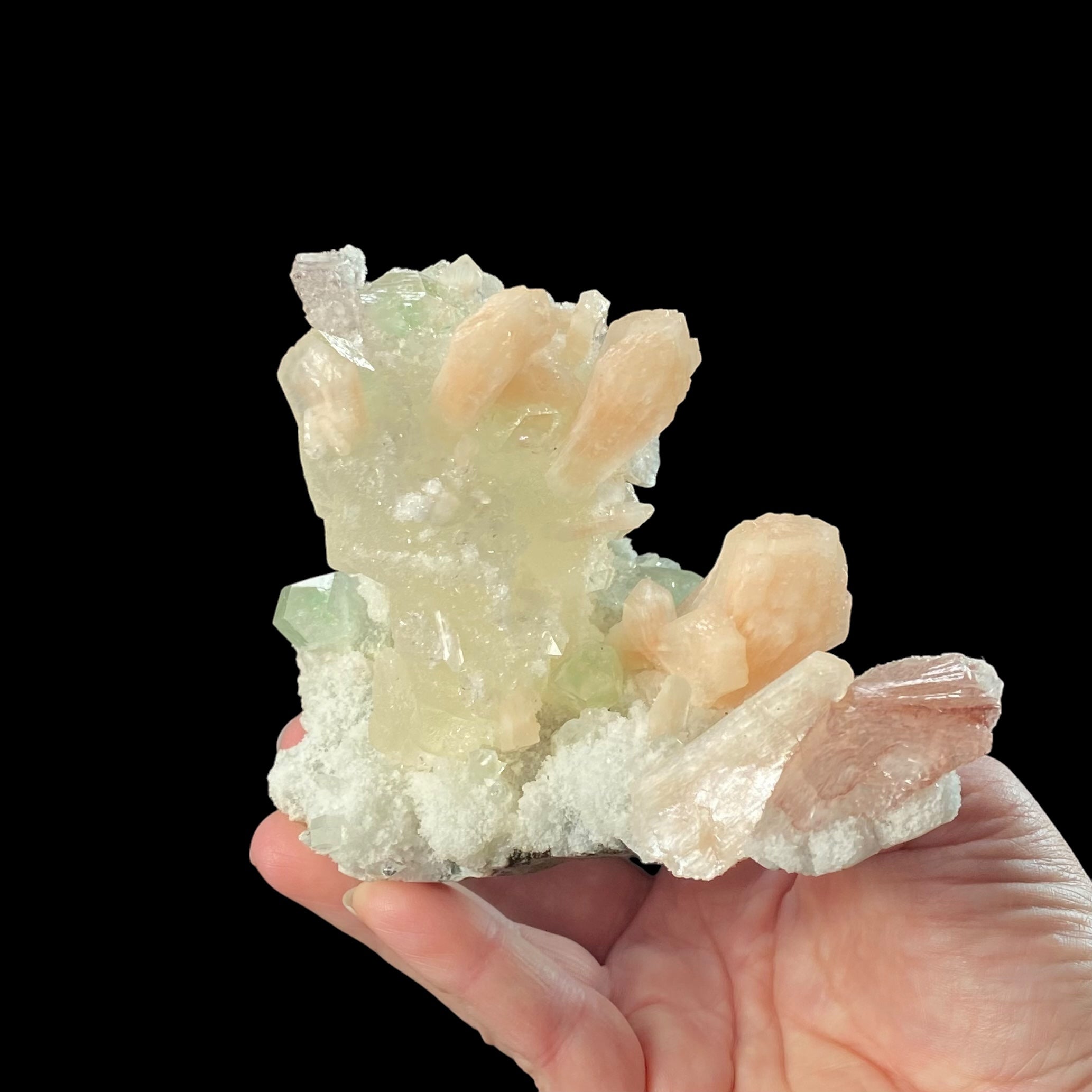 Pale Yellow Rhombic Calcite with Stilbite, Heulandite, Green Apophyllite & Chalcedony on Basalt Matrix Remnant