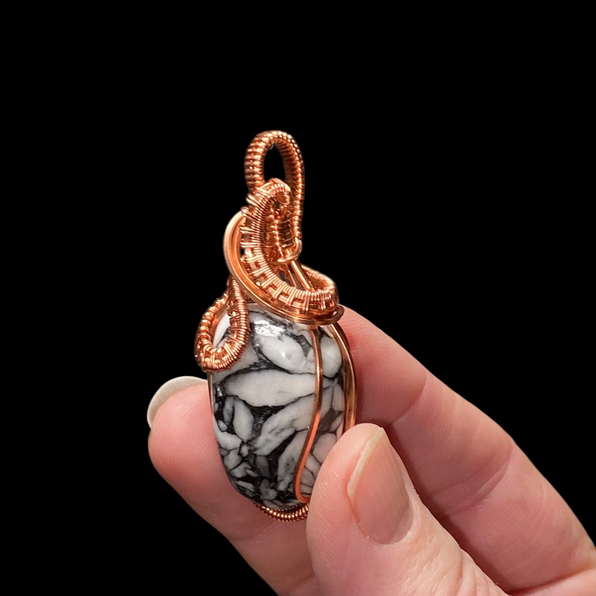 Pinolith Polished Tumble Stone & Raw Copper Wire Wrapped Pendant