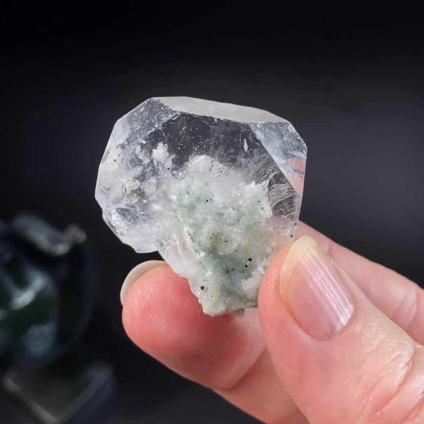 Clear Rare Tabular Apophyllite Crystal with Minor Celadonite - High Vibration Crystals and Minerals